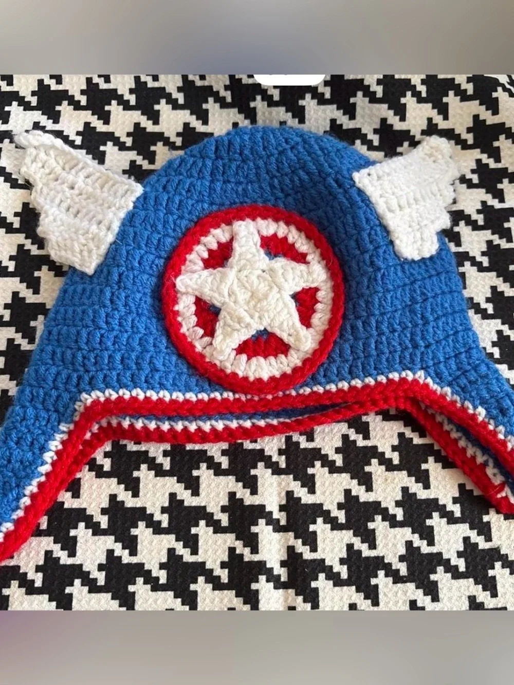 Kids Blue Red White Star Crochet Beanie Hat